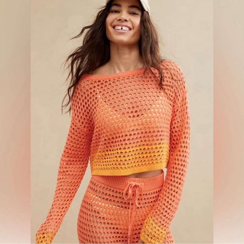 Aerie crochet vacay sweater orange yellow